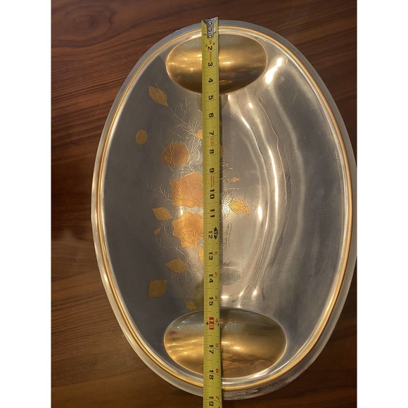 SIGNED Signature Elegant Gold 24k Plated(?) Metal Tray w/ Rose Flower Motif - Picture 5 of 8